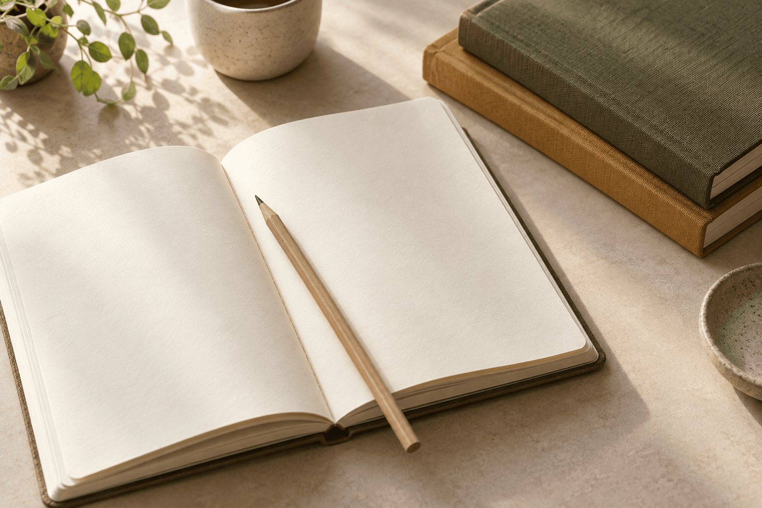 Open notebook and pencil beside olive and ochre cloth-bound books